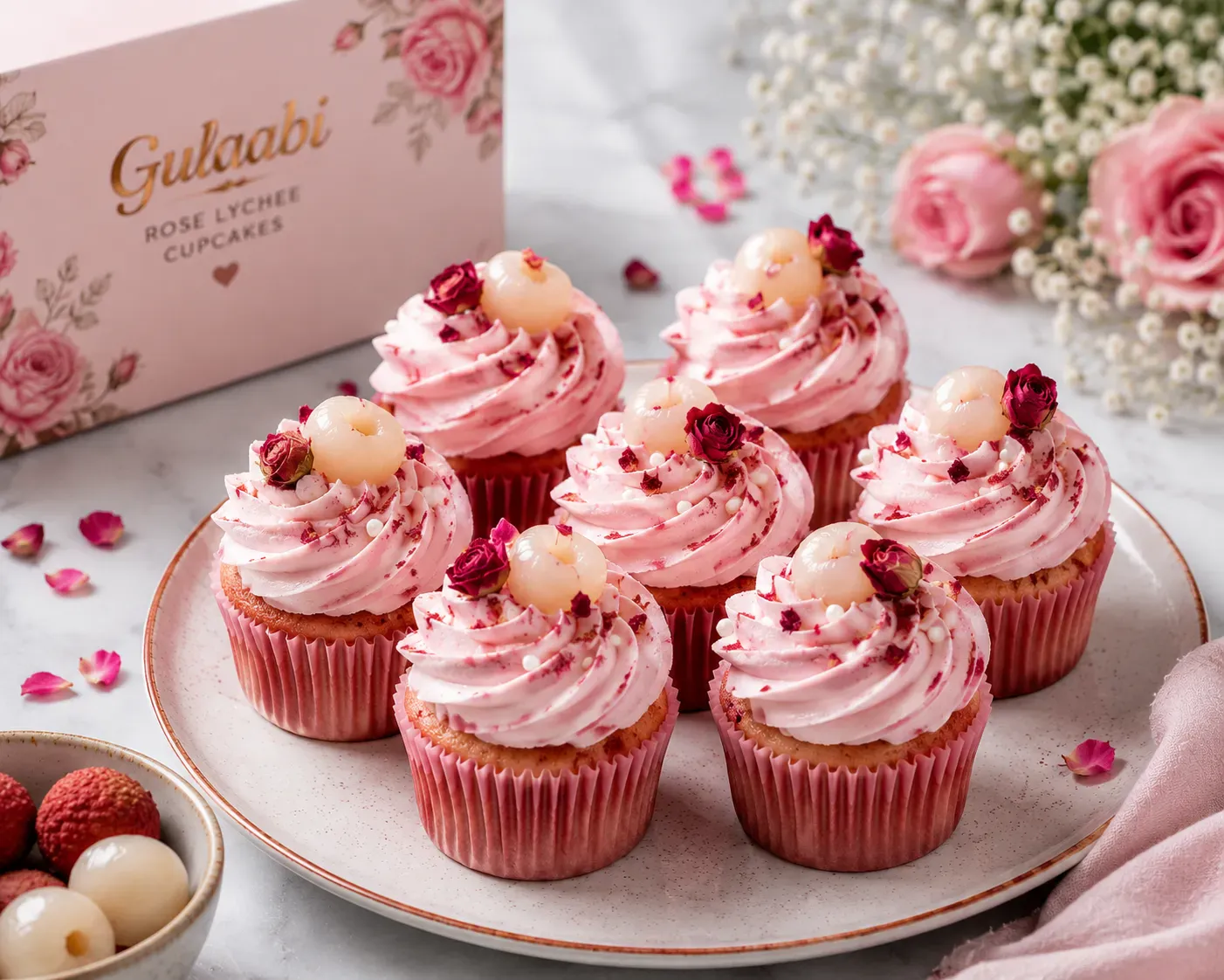 Gulaabi Eggless Rose Lychee Cupcakes – Woh Wali Bakery Indore