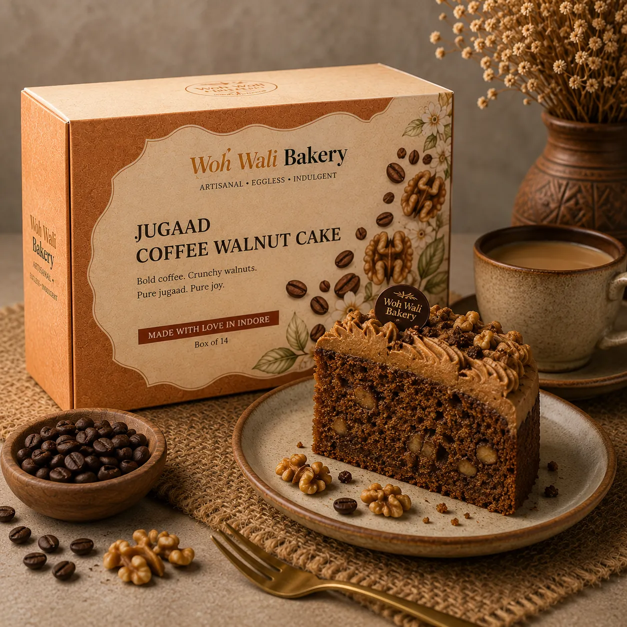 Jugaad Eggless Coffee Walnut Cake with praline topping – Woh Wali Bakery Indore