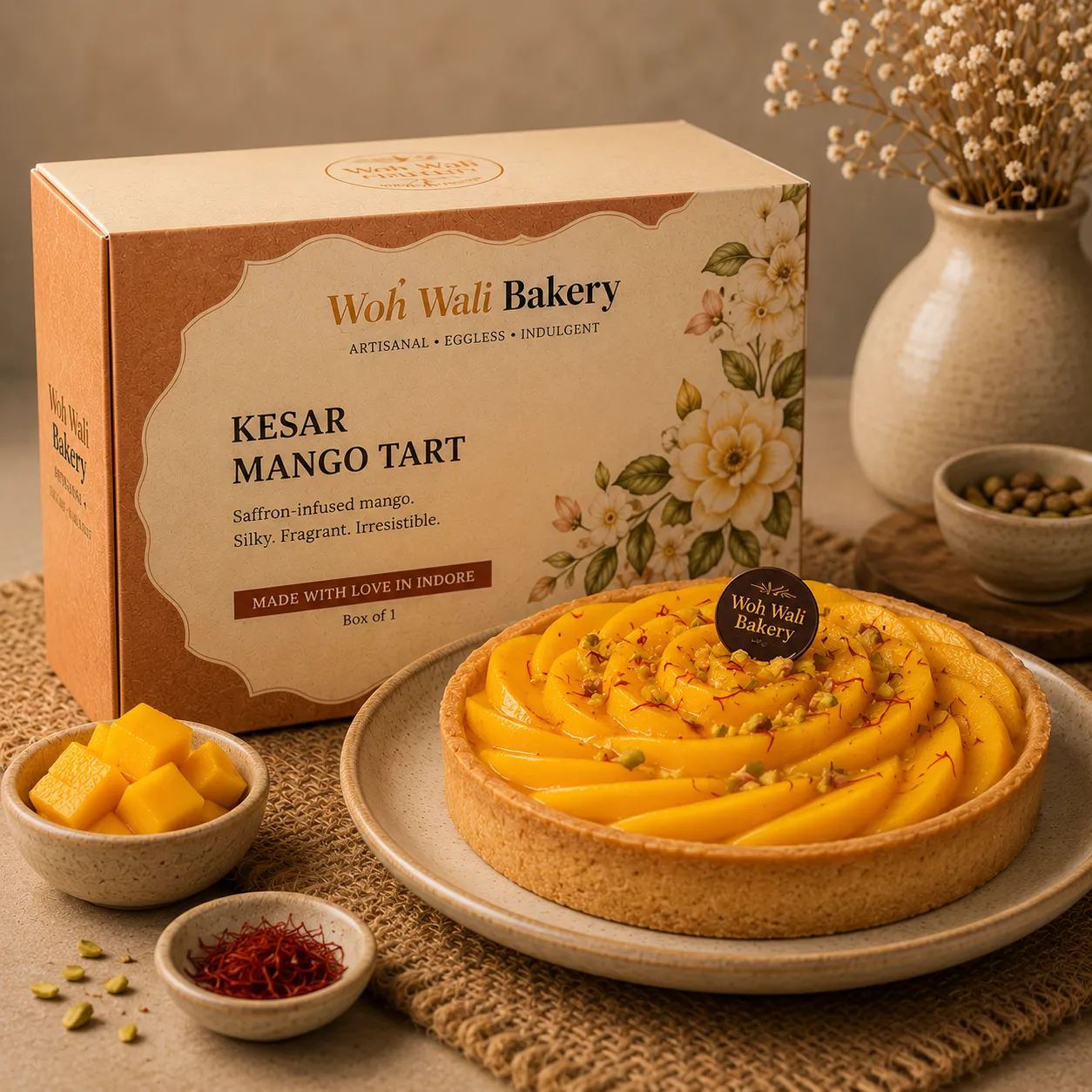 Kesar Mango Tart with saffron custard and Alphonso mango – Woh Wali Bakery Indore