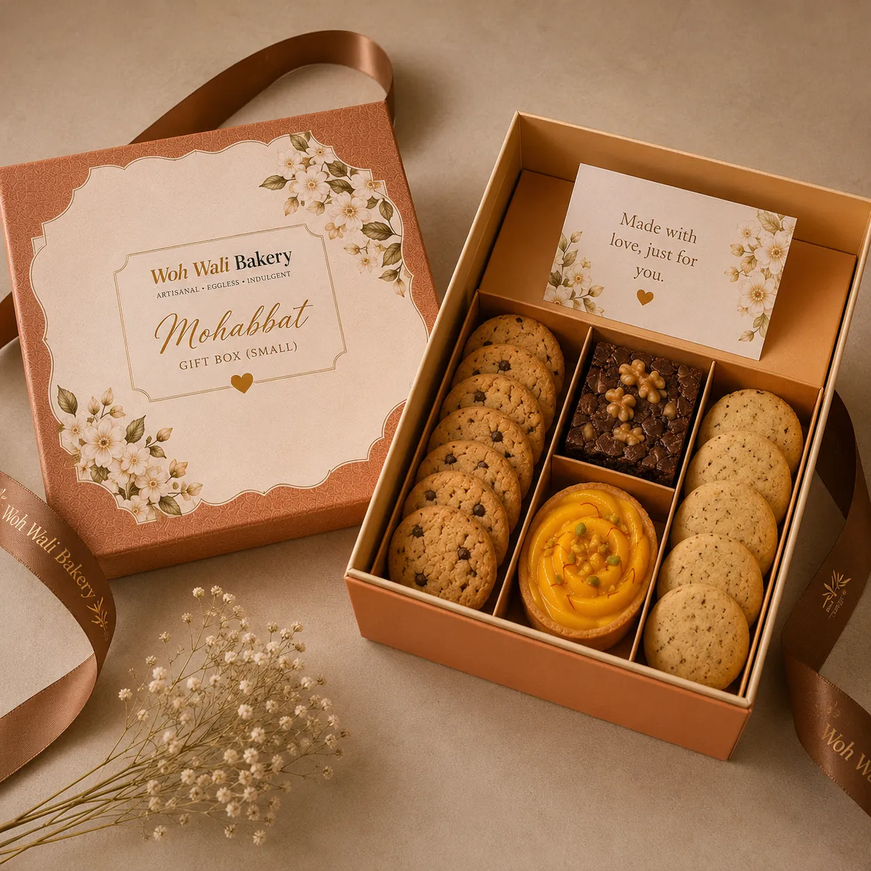 Mohabbat Small Eggless Gift Box with croissants, cookies, truffles and brownie – Woh Wali Bakery Indore